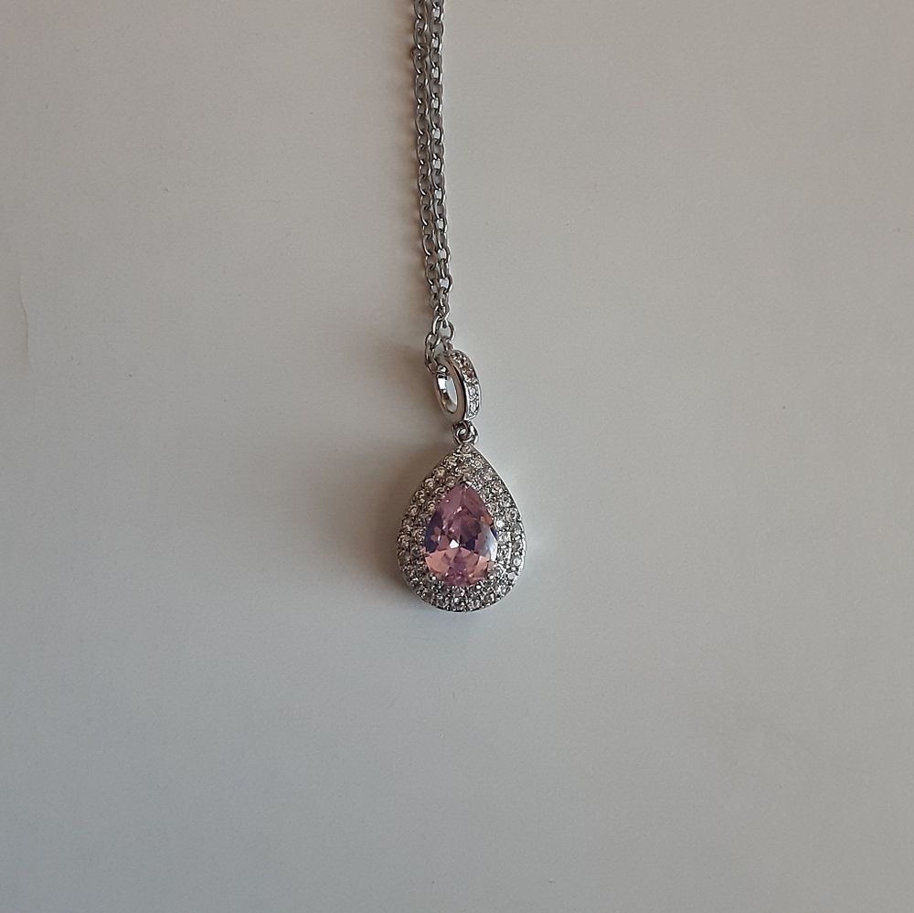 New 18k White Gold Pink Diamond Water Drop Necklace - Picture 4 of 5